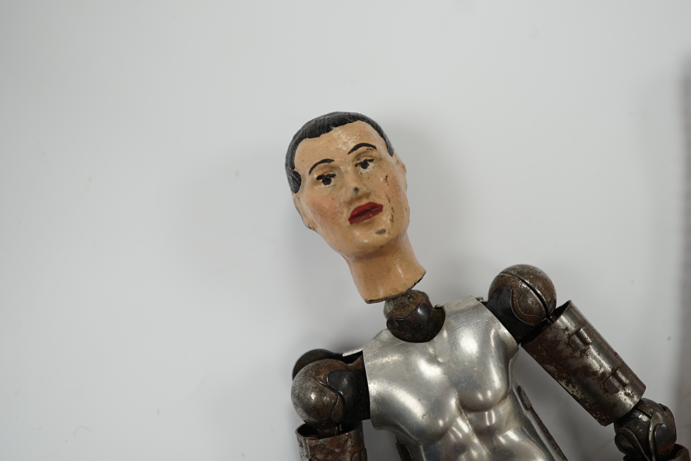 A vintage 1930’s Swiss patent metal articulated lay figure, C. Roberson & Co. box, 19cm in length